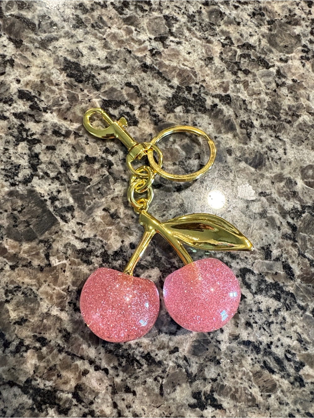 Gold Cherry Bag Charm Keychain with Pink Glitter Cherries